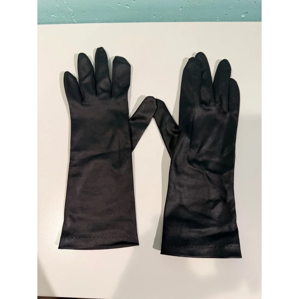 Vintage Black Satin Opera Gloves Womens Small Made in USA Formal Evening Mid Arm